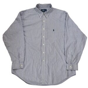 Ralph Lauren Polo Dress Shirt Mens 17.5 35 Navy Blue White 100% Yarmouth Cotton